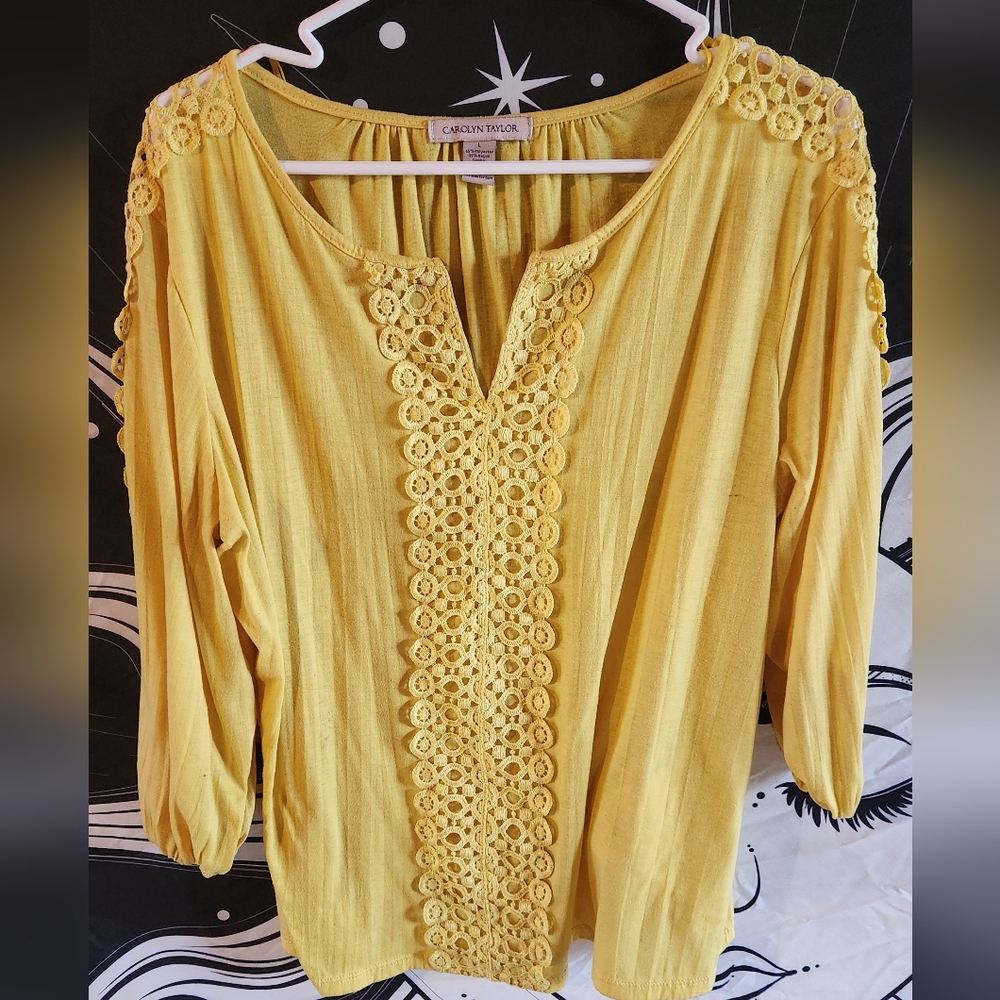Carolyn Taylor Yellow Crochet-Trim Peasant Tunic
